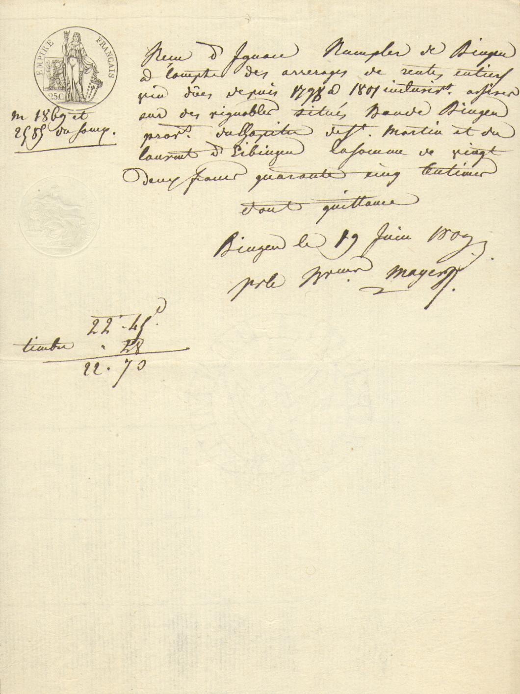 BINGEN.- MAYER, napoleonischer Steuerbeamter: - Eigenhndige, signierte Quittung fr Ignaz Rumpler. Besttigung der Zahlung der Grundsteuer.
