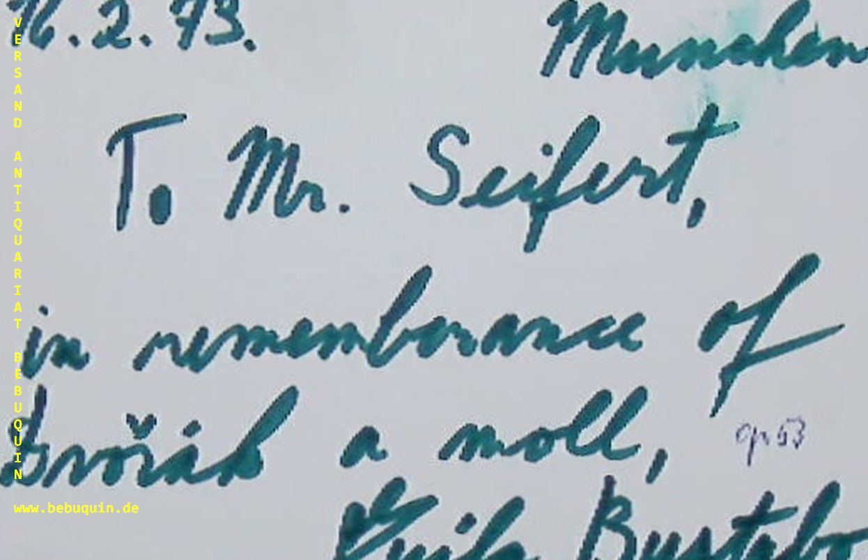 BUSTABO, Guila (Violinistin): - eigenhndig mit Grnstift signierte und datierte Autogrammkarte.To Mr. Seifert, in membrance of Dvorak a moll.