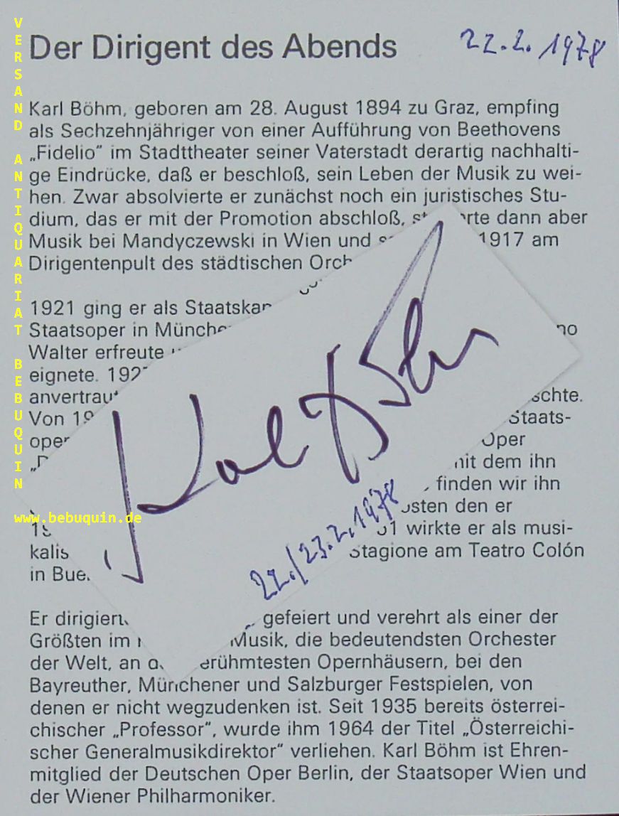 BHM, Karl (Dirigent): - eigenhndig signierter und datierter Programmzettel.