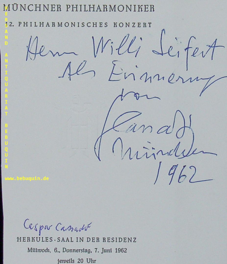 CASSADO I MOREU, Gaspar (Cellist): - eigenhndig signierte Programmseite mit einer persnlichen Widmung an Willi Seifert.