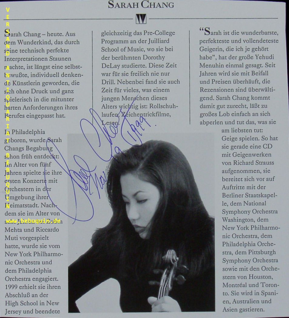 CHANG, Sarah (Violinistin): - eigenhndig signierte und datierte Portraitseite.