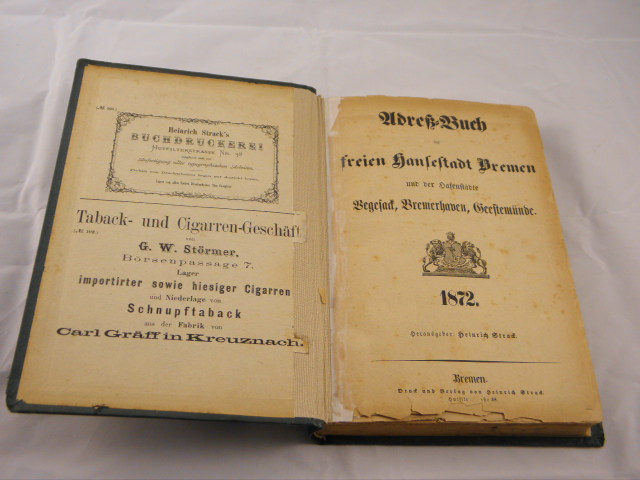 BREMEN.-  STRACK, Heinrich: - (Hrsg.) Adre-Buch der freien Hansestadt Bremen und der Hafenstdte Vegesack, Bremerhaven, Geestemnde. 1872.