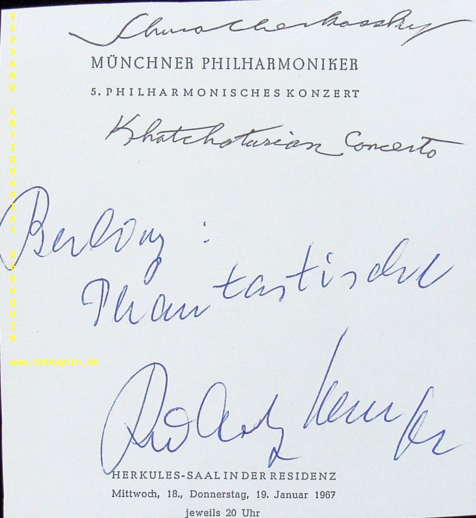CHERKASSKY, Shura (Pianist): - eigenhndig signiertes Programm. Dabei weitere Unterschrift von Rudolf Kempe und Privatphoto beim Sgnieren.